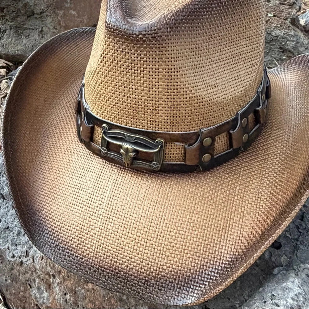 Western Cowboy Hat ⭐️ FESTIVAL NWT The Fallon Longhorn Accent Faux Leather Band - Picture 3 of 12